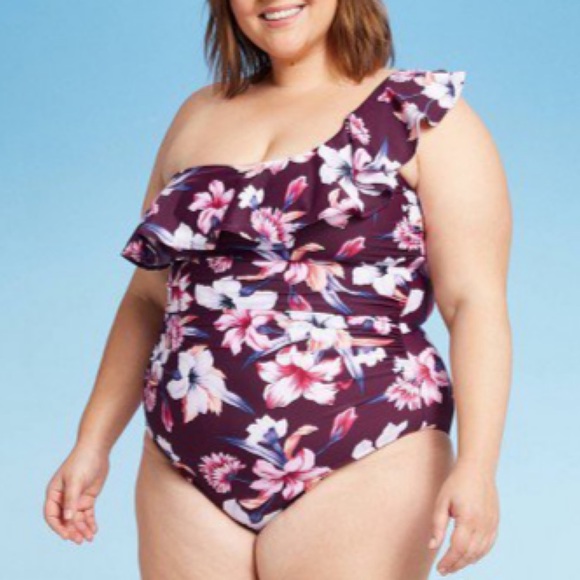 Kona Sol Other - Kona Sol Purple Floral One Shoulder Flounce One Piece Swimsuit Plus Size…